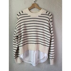 Brochu Walker Eden Striped Cotton Cashmere Layered Look Sweater Cream Navy XS
